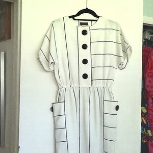 80s Vintage White and Navy Stripe Dress | Giant Buttons | Size Medium